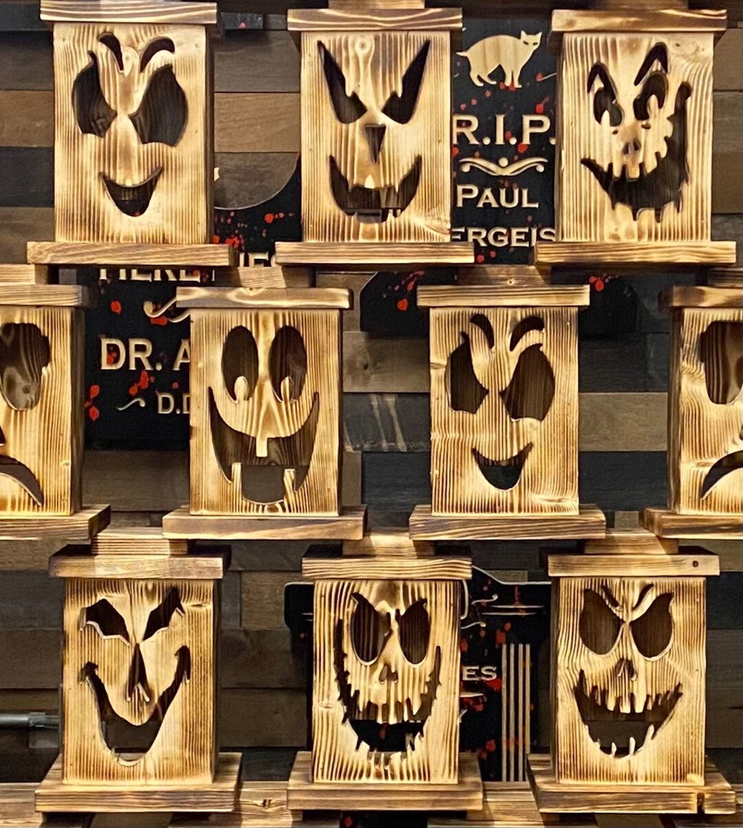 Halloween Jackolantern SOLID Wood CNC Carved Pumpkin Light Face