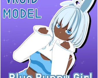 Könnte beinhalten: Ein digitales 3D-Modell eines blauen Hasenmädchens mit weißen Fell-Ohren und einem weißen Hoodie. Das Modell hat braune Haut und blaue Augen. Der Text "VROID MODEL" und "Blue Bunny Girl" wird auf dem Bild angezeigt.
