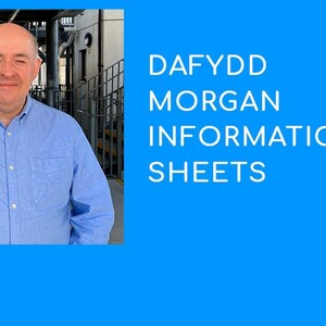 Könnte beinhalten: Ein Mann in einem blauen Hemd steht in einem Durchgang. Der Text "DAFYDD MORGAN INFORMATION SHEETS" ist in weißen Buchstaben auf blauem Hintergrund.
