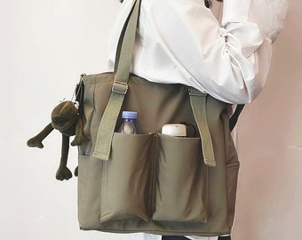 Waterproof multi-pocket shoulder bag, Canvas nylon crossbody handbag, women large capacity tote, unisex office school college zipper bag