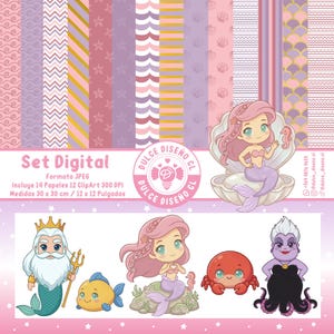 Puede incluir: Un set digital que incluye 14 papeles estampados y 12 ilustraciones de personajes marinos como una sirena, un rey con tridente, un pez amarillo, un cangrejo rojo y una bruja del mar morada, junto al texto Set Digital.