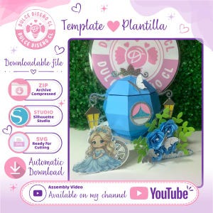 May include: A digital craft template featuring a blue paper carriage, a cartoon character in a blue dress, and blue paper flowers. The design includes text such as Template, Plantilla, Downloadable file, ZIP, STUDIO, SVG, and YouTube.