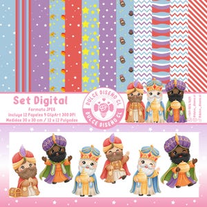 Puede incluir: Conjunto digital con papeles estampados coloridos e ilustraciones de los Reyes Magos. El conjunto incluye 12 papeles y 9 cliparts, cada uno de 30 x 30 cm. La imagen también incluye el texto "Set Digital" y la marca "Dulce Diseño CL".