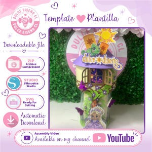 Puede incluir: Una plantilla de manualidades digital con una estructura de torre, un camaleón verde, un sol amarillo y un personaje de pelo rubio largo. El diseño incluye el texto "dulce diseño" y "Template Plantilla" con iconos para archivos ZIP, Studio y SVG.