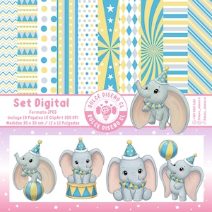 Puede incluir: Conjunto digital con ilustraciones temáticas de circo y fondos estampados. Incluye imágenes de un elefante bebé con gorro de fiesta y cuello con volantes, junto con varios patrones inspirados en el circo en azul, amarillo y blanco. Mide 30 x 30 cm.