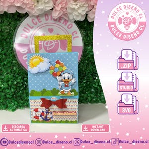 May include: A blue and white box featuring a cartoon of Donald Duck holding balloons. The box has a red bow and anchor design. The text "Dulce Diseño" is visible. Additional graphics include a sun, cloud, and download icons.