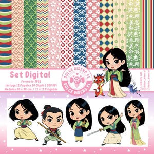 Puede incluir: Conjunto digital con ilustraciones temáticas de Mulan y papeles estampados. El conjunto incluye 12 papeles estampados y 14 imágenes prediseñadas. Los papeles miden 30 x 30 cm. Las ilustraciones representan a Mulan y otros personajes.