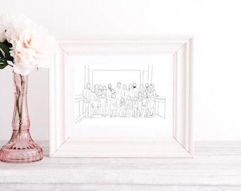 May include: A black and white line drawing of a large family group, with adults and children, standing together in a line. The drawing is framed in a white frame.