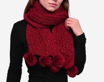 Chunky Knit Winter Scarf with Pom Pom Accents