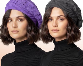 100% Cotton Crochet Beret, Lightweight Slouchy Beanie for Hair Loss, Breathable Open Knit