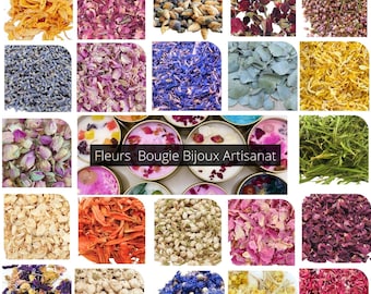 Może przedstawiać: Asortyment suszonych kwiatów i ziół w różnych kolorach, w tym lawenda, płatki róż, rumianek i eukaliptus. Tekst "Fleurs Bougie Bijoux Artisanat" jest wyświetlany w środku obrazu.