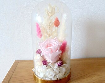 Rose éternelle sous cloche - Cloche déco en verre 20 cm avec rose éternelle rose et fleurs séchées - Cadeaux Anniversaire - Fêtes des Mères