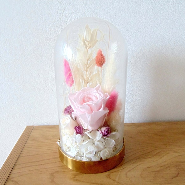 Rose éternelle sous cloche - Cloche déco en verre 20 cm avec rose éternelle rose et fleurs séchées - Cadeaux Anniversaire - Fêtes des Mères