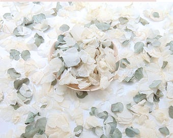 Pétales de fleurs séchées sauge et crème pétales d'hortensia ivoire feuilles eucalyptus séchée, Confettis de fleurs mariage biodégradables