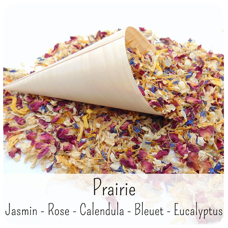 Dried flower confetti for weddings with cones - Natural and biodegradable. Rose, jasmine, lavender, eucalyptus, and marigold petals - France Prairie