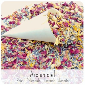 May include: A white paper cone filled with a dried floral mix of pink rose petals, yellow calendula, blue lavender, and white jasmine buds. The text Arc en ciel, Rose - Calendula - Lavande - Jasmin is printed at the bottom of the image.