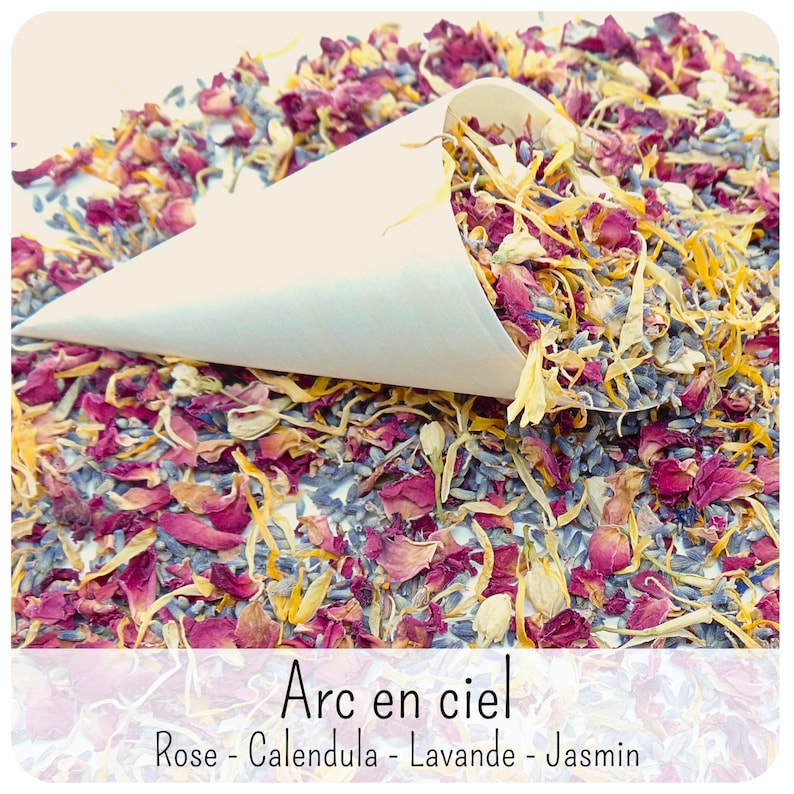 May include: A white paper cone filled with a dried floral mix of pink rose petals, yellow calendula, blue lavender, and white jasmine buds. The text Arc en ciel, Rose - Calendula - Lavande - Jasmin is printed at the bottom of the image.