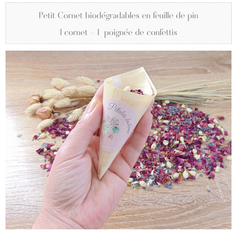 Petits cornets biodégradables avec confettis de fleurs séchées