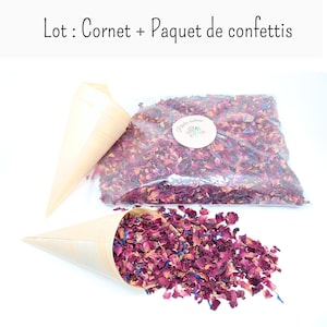 May include: A set containing two light beige paper cones and a clear plastic bag filled with dried flower petals in shades of deep pink, purple, and blue. The text "Lot : Cornet + Paquet de confettis" is printed at the top of the image.