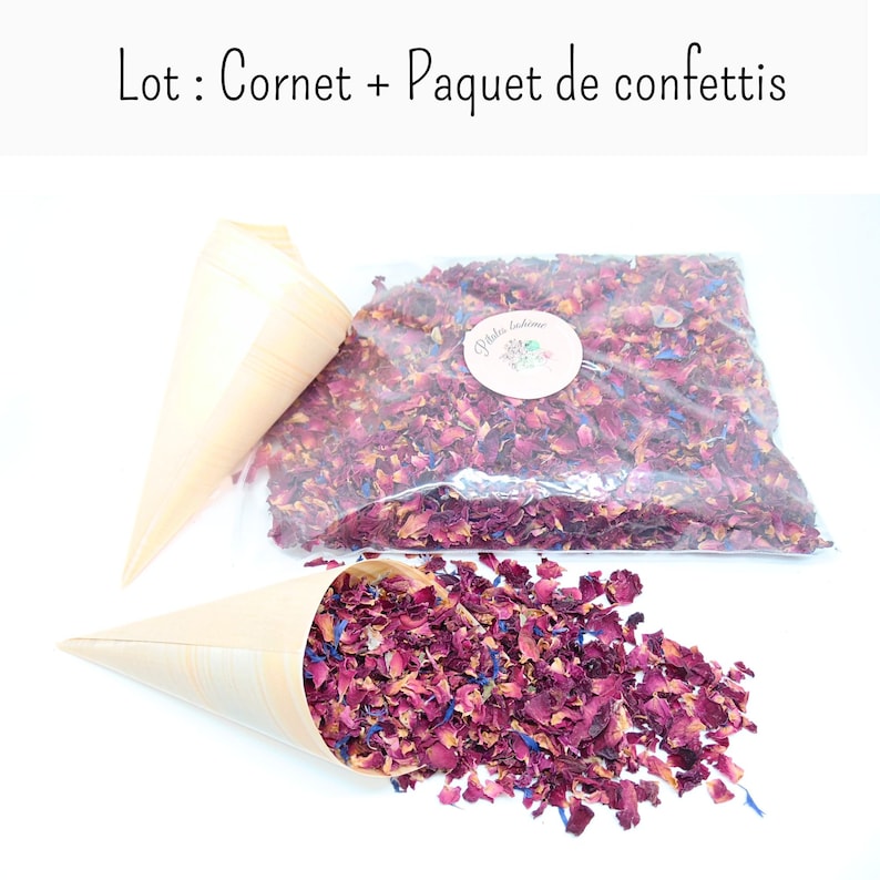May include: A set containing two light beige paper cones and a clear plastic bag filled with dried flower petals in shades of deep pink, purple, and blue. The text "Lot : Cornet + Paquet de confettis" is printed at the top of the image.