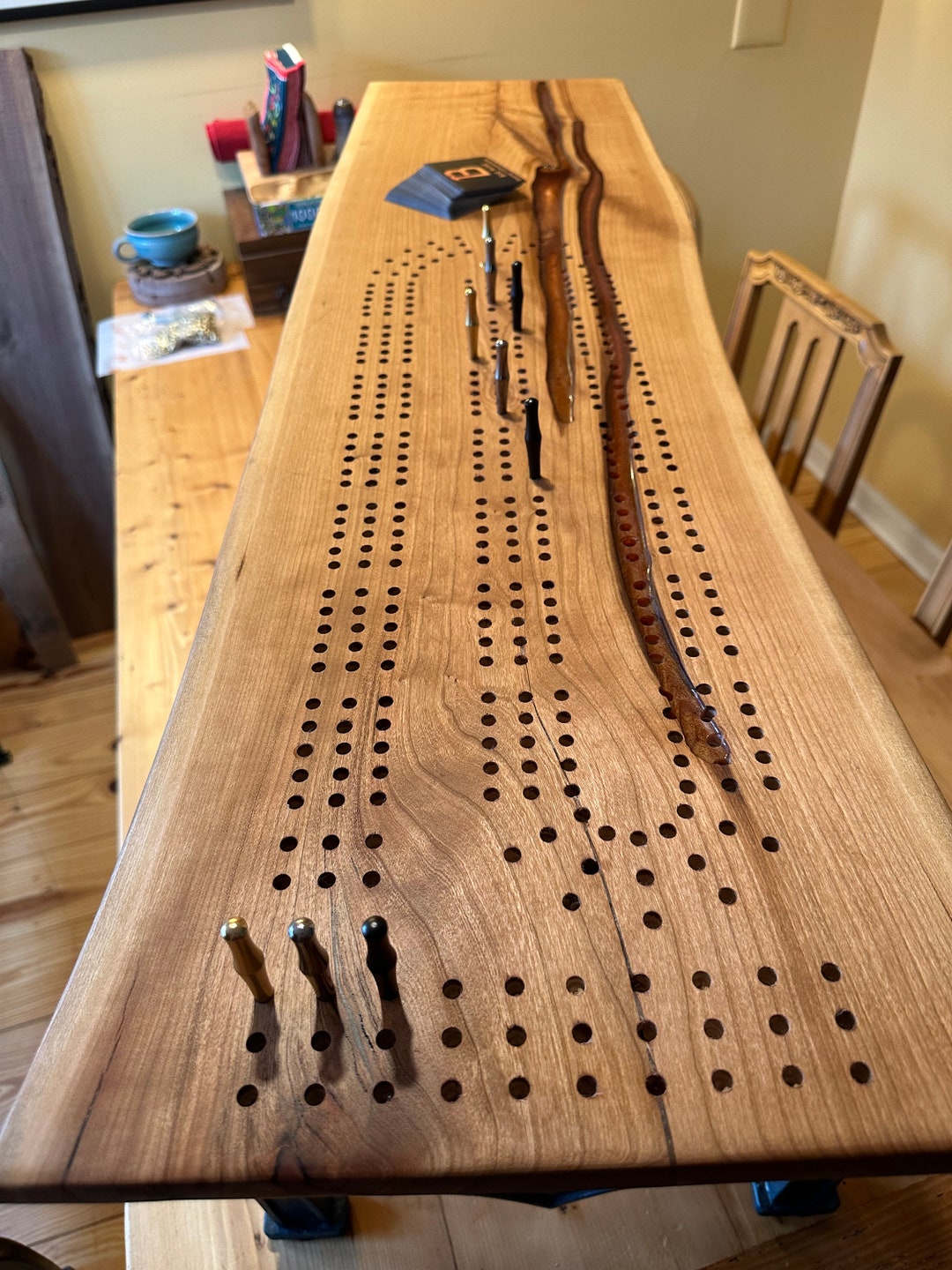 Cribbage Charcuterie Bench With Cast Iron Trestle Etsy