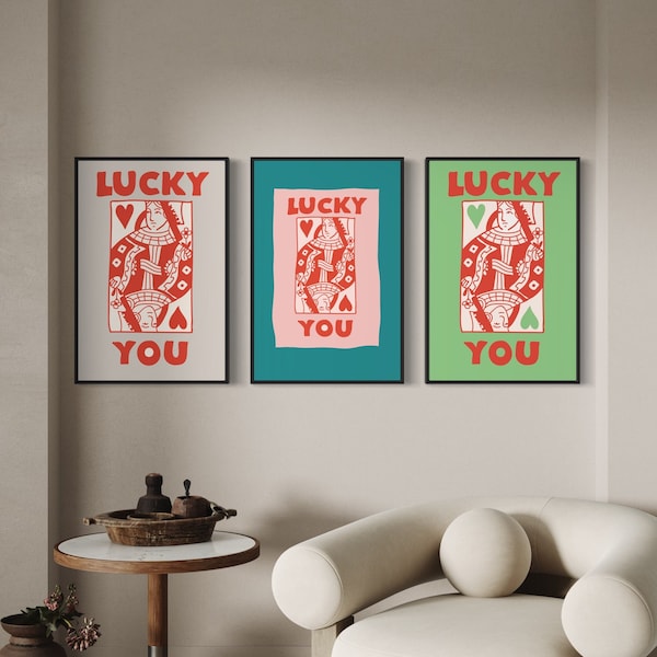 Trendy Retro Wall Art Set Of 3, Retro Trendy Aesthetic Print, Beige Turquoise Green  Lucky You Poster, Trendy Wall Art, Funny Art, Digital,