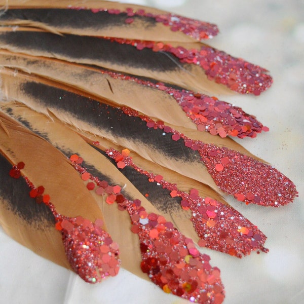 7 Long Feathers w/ Red Glitter from Calimero for DIY Crafting - Natural Color - Cruelty Free