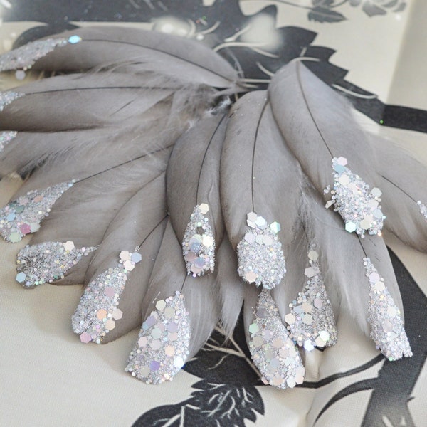 14 Long Feathers w/ Silver Glitter from Blue Satin for DIY Crafting - Natural Color - Cruelty Free - WYSIWYG pack