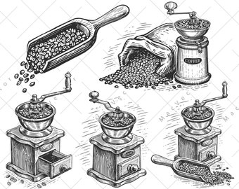 Retro manual coffee grinder with roasted coffee beans. Vintage sketch drawing clipart, collection SVG. Vector digital illustration