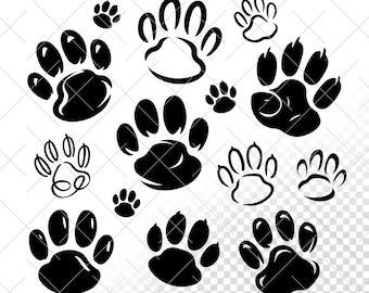 Zestaw wektorów Pet PAWS. Odcisk łapy w czarnej sylwetce SVG. Klipart na łapach kota i psa