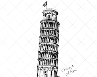 Włoska Krzywa Wieża w Pizie retro wektor. Szkic Włoch. SVG rysunek clipart