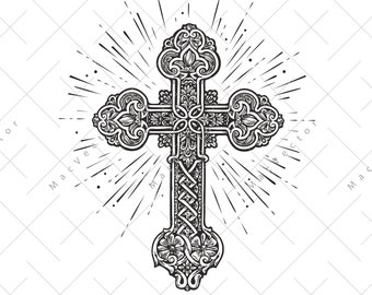 Ornate Christian Cross SVG. Church, Faith in God, Christianity religion symbol vector. Illustration in vintage engraving style