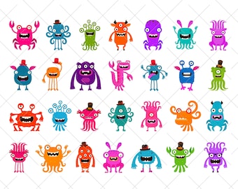 Zestaw zabawnych POTWORÓW z emocjonalnymi twarzami SVG. Kolorowa kolekcja wektorowych clipartów z koncepcją Halloween