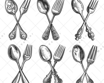 Crossed Spoon and Fork. Cutlery set for restaurant or cafe menu, SVG. Cooking, kitchen, banquet vector digital illustration