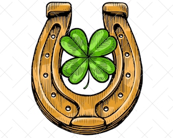Horseshoe and four leaf clover retro vector. Symbol of good luck and happiness. Vintage sketch. SVG drawing clipart