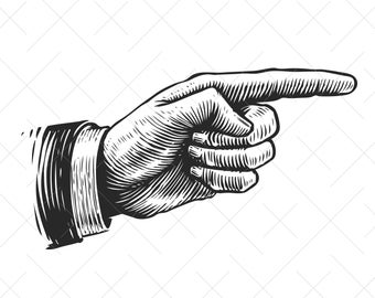Vintage illustration retro hand with pointing finger. Vector clipart SVG. Digital drawing made in style old engraving