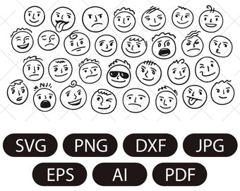 Set of Funny emotional faces with different moods in doodle style. Vector illustration