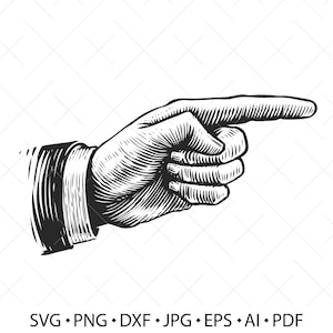 May include: A black and white illustration of a hand pointing to the right.