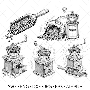 Könnte beinhalten: Ein Set aus vier Kaffeemühlen im Vintage-Stil mit einer Schaufel voller Kaffeebohnen. Die Mühlen sind aus Holz und Metall und haben einen Kurbelgriff. Die Schaufel ist aus Holz und hat einen Metallgriff. Die Kaffeebohnen sind braun und haben eine raue Textur.