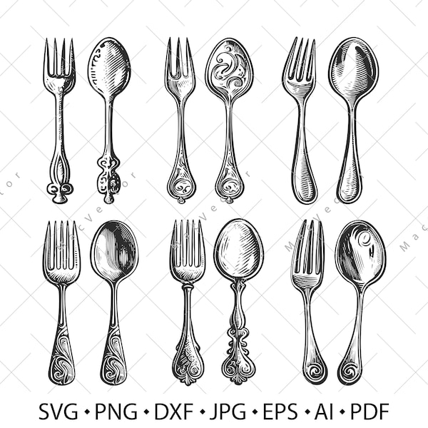 Fork and Spoon SVG. Cutlery set for restaurant or cafe menu. Cooking, kitchen, banquet vector digital illustration