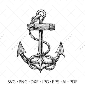 May include: A black and white illustration of a nautical anchor with a rope wrapped around it. The anchor has a wooden crossbar.