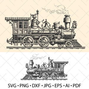 May include: Detailed black and white illustration of a vintage steam train. The train features intricate mechanical details, a bell, and a smokestack emitting smoke. The image is a vector graphic, suitable for various digital applications.
