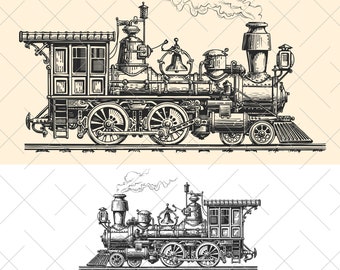 Steam locomotive retro vector. Vintage transport old train. SVG drawing clipart