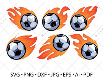Piłka nożna w płonącym ogniu płomienie zestaw SVG. Emblemat piłkarski lub maskotka sportowa. Symbol gry sportowej wektor