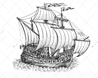 Ship vector.  Ship vintage sketch drawing clipart. Digital illustration