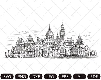 Miasto SVG. Starożytne miasto SVG. Panoramiczny widok wektor. Stary budynek vintage