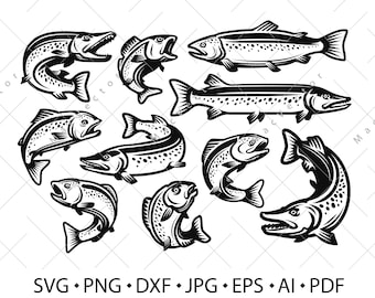 Fish emblem SVG. Fish fishing concept. Fish set Pike, Perch, Trout, Salmon, Сarp vector