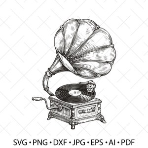 Musical gramophone with vinyl record vintage vector. Old retro gramophone. Sketch. Music SVG drawing clipart