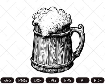 Drewniany kufel z piwem SVG. Vintage pint piwa. Ale z pianką w kubku. Wektorowy wydruk retro w stylu grawerowania. Pub, grafika cyfrowa browaru