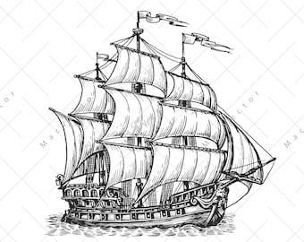 Ship vector.  Ship vintage sketch drawing clipart. Digital illustration